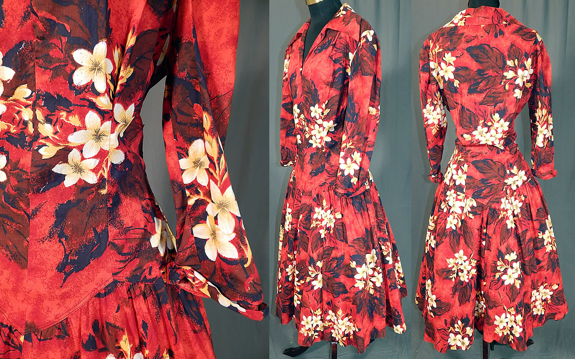 Vintage Red Cotton Hawaiian Plumeria Novelty Print Fit & Flare Circle Skirt Dress
This retro Hawaiian circle skirt dress has a fit and flare style, with a full circle skirt, fitted drop waist, long sleeves, V front neckline with fold over collar, side zipper closure and is unlined. The dress measures 44 inches long, with a 28 inch waist, 38 inch bust and 19 inch long sleeves. It is in excellent condition. This is truly a wonderful piece of collectible Hawaiiana vintage textile art! 