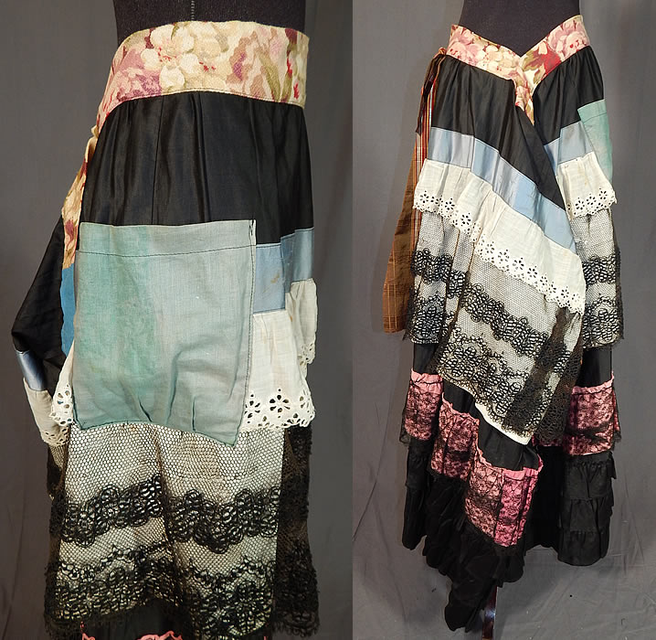 Victorian Black Cotton Ruffled Ribbon Lace Patchwork Petticoat Skirt Costume
This creative unique skirt has a hand made hobo costume style using an older Victorian era period petticoat and embellishing it with a mixture of vintage fabrics and trims. It is in good as-is condition, with a few faint age spot stains and frayed breaks in the lace trim (see close-up). This is truly an unusual and wonderful piece of antique Victoriana wearable textile art!