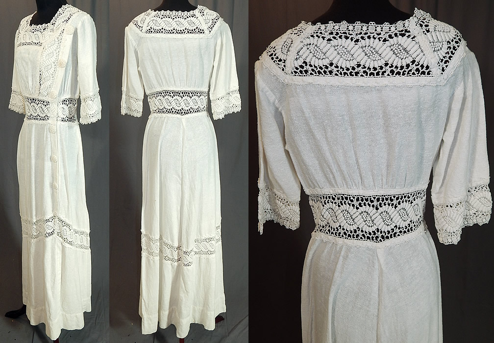 Edwardian White Woven Cotton Muslin Lace Crochet Button Trim Tea Gown Dress
The dress measures 54 inches long, with 38 inch hips, a 26 inch waist and 36 inch bust. It is in good condition, with only a few small frayed breaks in the lace and a tiny faint age spot stain on the skirt. 