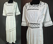 Edwardian White Woven Cotton Muslin Lace Crochet Button Trim Tea Gown Dress
