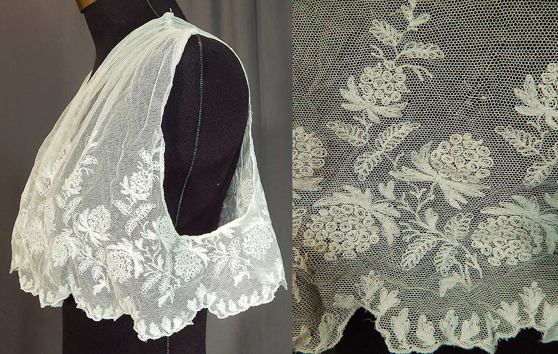 Edwardian White Tambour Embroidery Lace Net Bolero Jacket Sleeveless Vest Crop Top
This lovely lace short cropped bolero jacket sleeveless style overdress vest top has an open front with no closure, gathered shoulders, scalloped bottom and is sheer, unlined. The top measures 10 inches long, with a 38 inch bust.