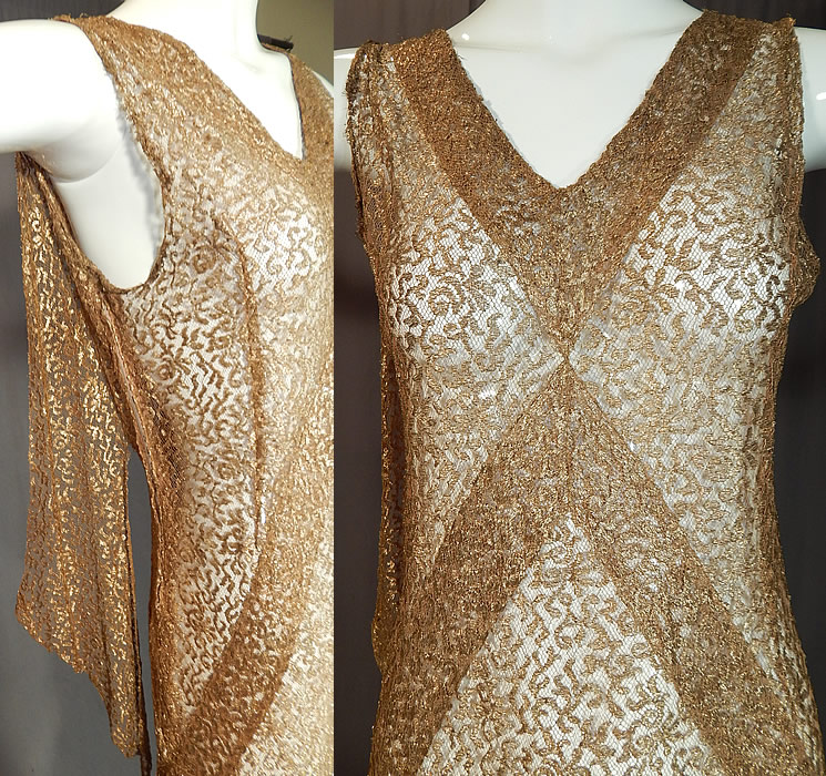 Vintage Art Deco Gold Metallic Lam&eacute; Lace Bias Cut Evening Gown Dress
This gorgeous gown evening dress is a long tea length, with a sexy, sleeveless form fitting style, plunging V necklines, an attached gold lam&eacute; scarf drape from the back shoulders, a ruffled trim skirt, added side zipper closure and is sheer, unlined.