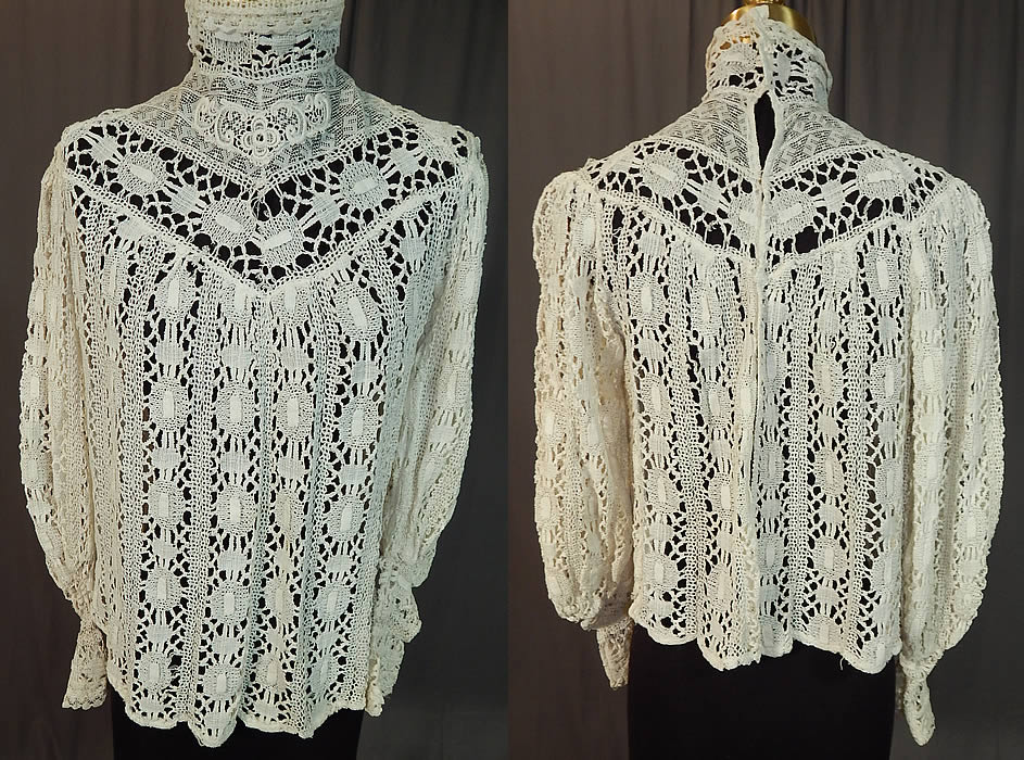 Edwardian Antique White Torchon Cluny Bobbin Lace Applique Blouse Shirt Top
This antique Edwardian era white torchon cluny bobbin lace appliqué blouse shirt top dates from 1905. It is made of a white cotton coarse strong torchon cluny bobbin lace with a geometric pattern design, connecting braided meshwork and a floral motif lace appliques on the front neckline.
