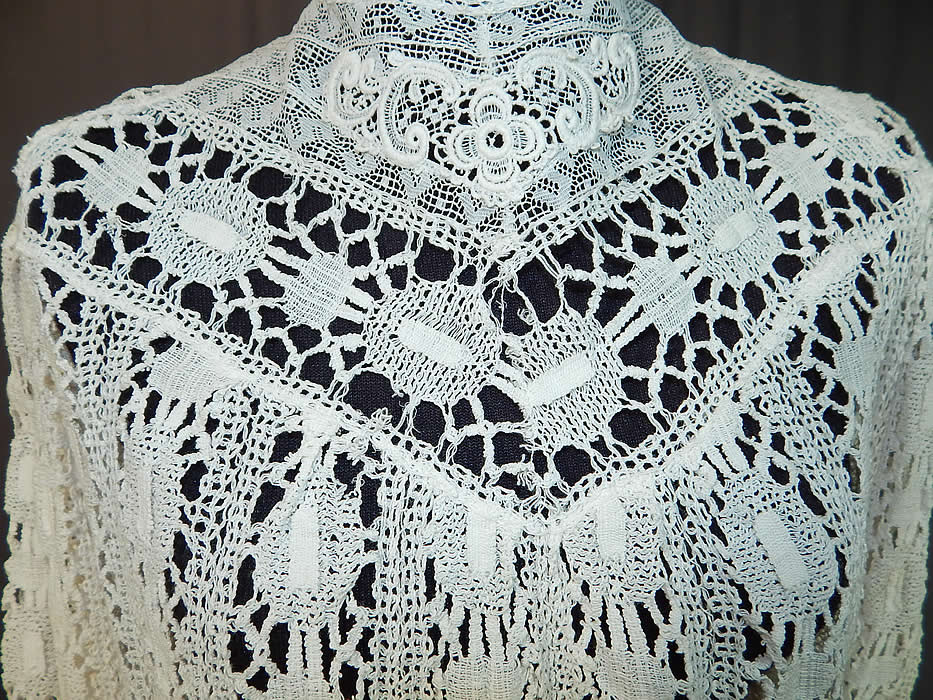 Edwardian Antique White Torchon Cluny Bobbin Lace Applique Blouse Shirt Top
This beautiful blouse has a high neck lace collar, long full sleeves with tapered fitted cuffs, hook closures down the back and is sheer, unlined.