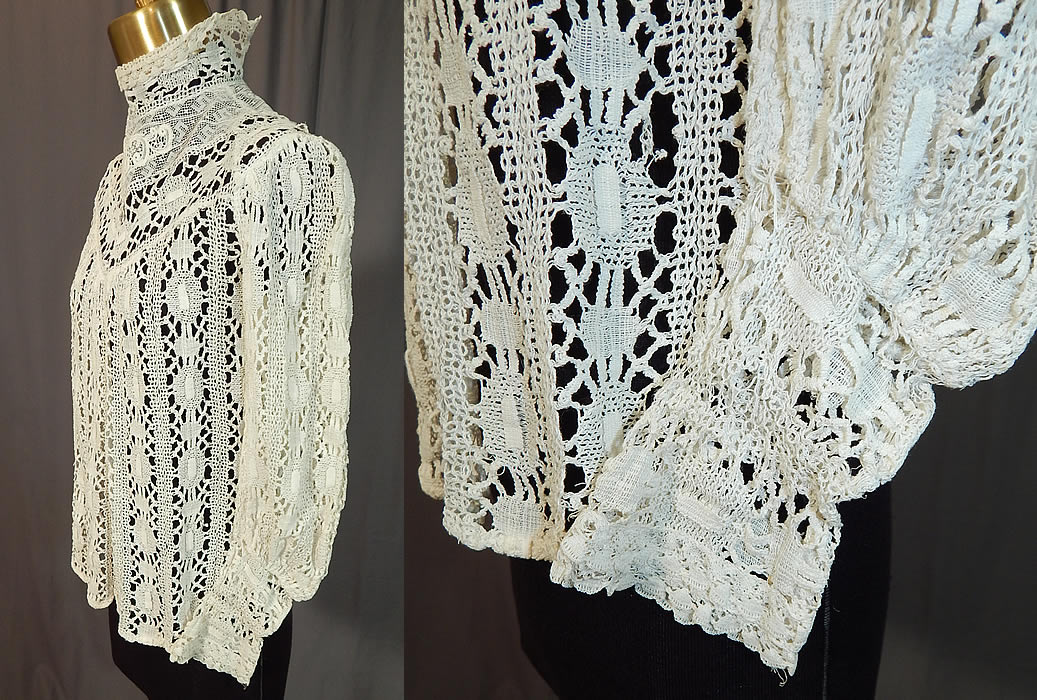 Edwardian Antique White Torchon Cluny Bobbin Lace Applique Blouse Shirt Top
The top measures 20 inches long, with a 32 inch waist, 36 inch bust, 20 inch long sleeves and 13 inch neck. 