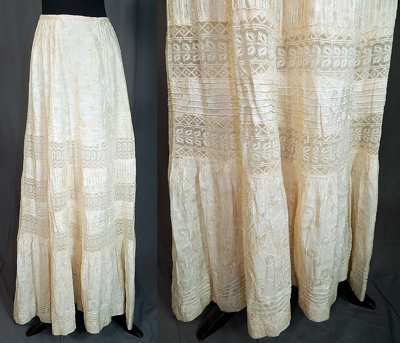 Edwardian Cream Cotton Silk Damask Drawn Cutwork Lace Wedding Skirt Train Back
This antique Edwardian era cream cotton silk damask drawn cutwork lace wedding skirt train back dates from 1910. It is made of an off white cream color cotton batiste silk blend fabric, with a damask weave, drawn cutwork vine leaf pattern design and lace trim inserts. 