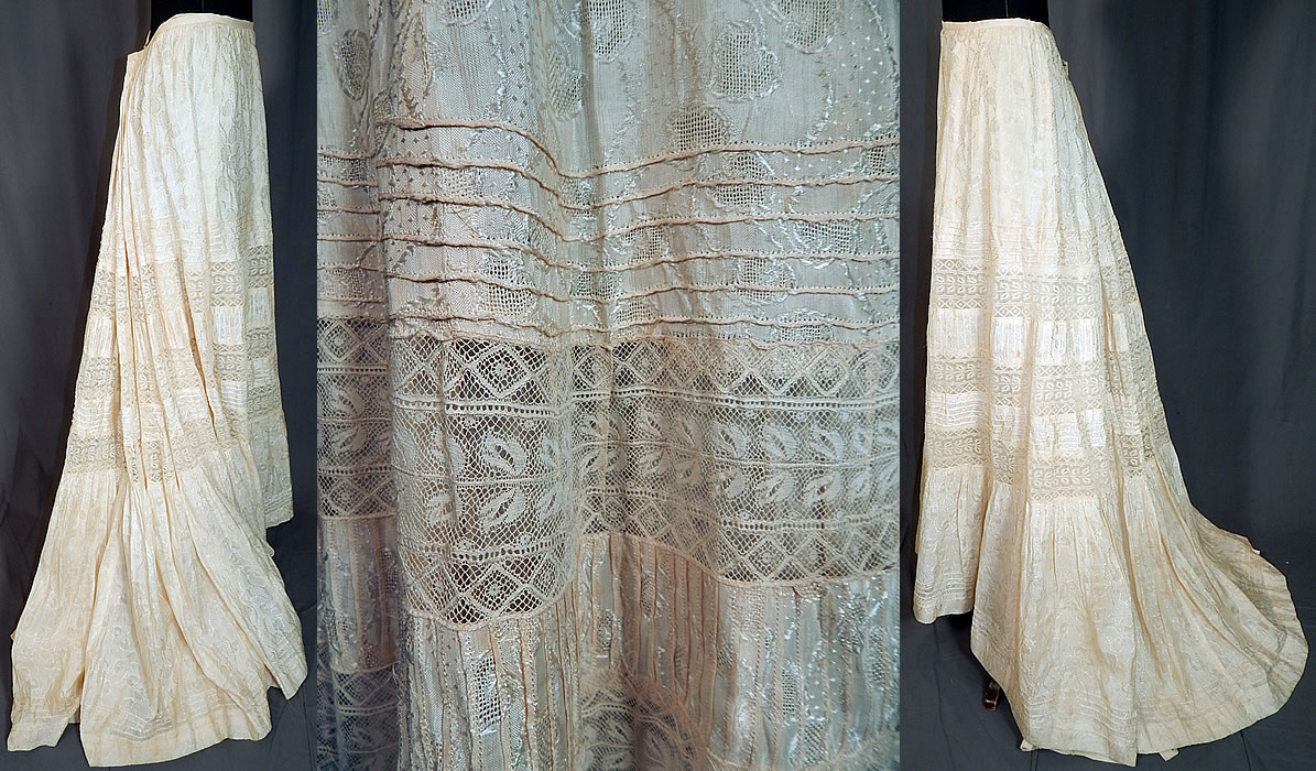 Edwardian Cream Cotton Silk Damask Drawn Cutwork Lace Wedding Skirt Train Back
This beautiful bridal wedding skirt is a long floor length, with a slight back train, fitted waistband, hook closures down the back and is fully lined with a cotton petticoat skirt dust ruffle sewn inside. 