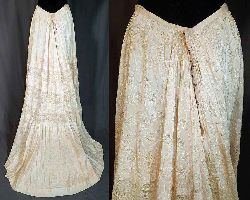 Edwardian Cream Cotton Silk Damask Drawn Cutwork Lace Wedding Skirt Train Back
The skirt measures 40 inches long in the front, 49 inches long in the back, with a 24 inch waist. It is in good condition, has not been cleaned, with only a few faint small age spot stains inside and outside on the bottom. 