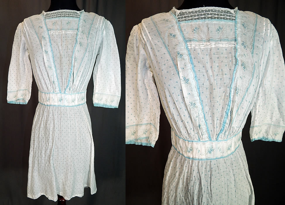 Victorian Blue & White Cotton Batiste Polka Dot Floral Calico Print Girls Dress
This antique Victorian era blue and white cotton batiste polka dot floral calico print girls dress dates from 1900. 