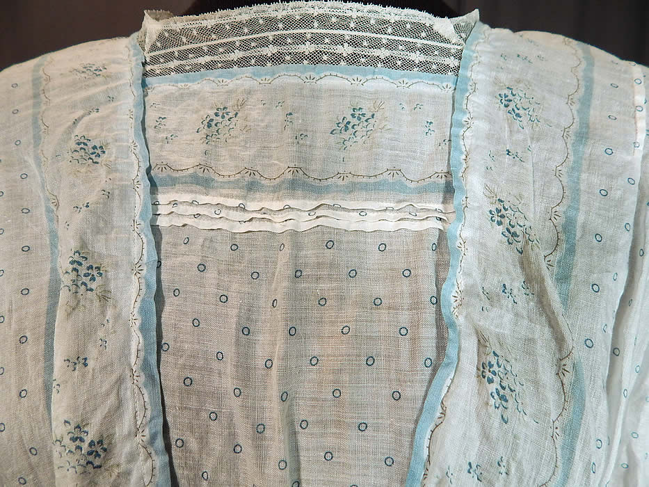 Victorian Blue & White Cotton Batiste Polka Dot Floral Calico Print Girls Dress
It is made of a sheer fine white cotton batiste fabric, with a blue polka dot and forget me not floral calico print design. 