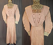 Edwardian Pleated Pink Cotton Silk Moire Gold Embroidered Lace Collar Dress Gown
