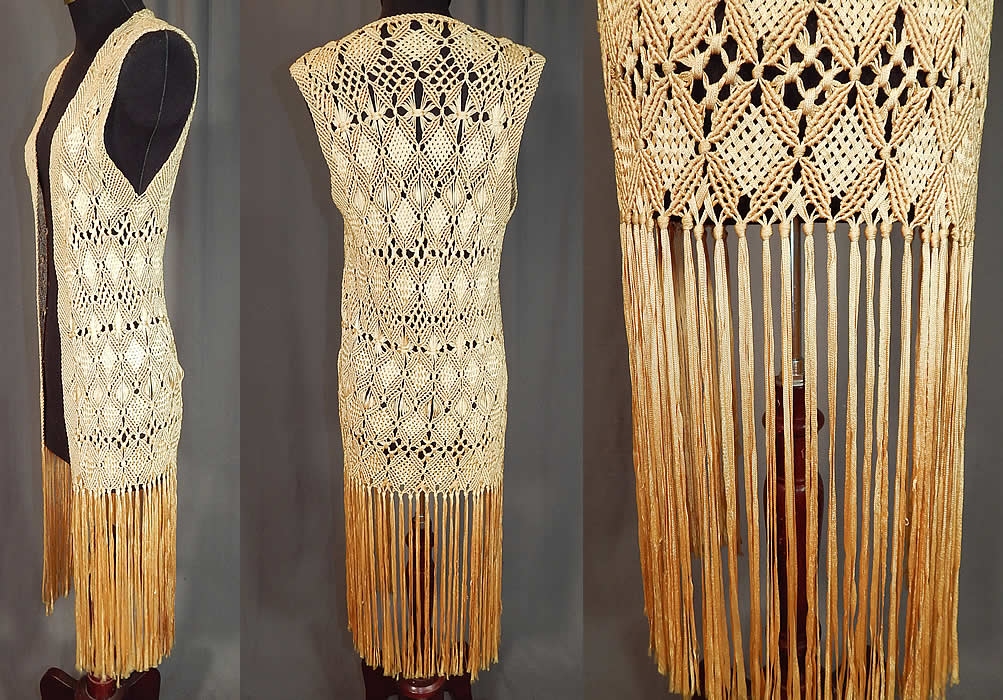 Vintage Yellow Boho Macrame Crochet Silk Ribbon Fringe Shawl Long Vest Jacket
This lovely long sleeveless vest style jacket has a hand knotted yellow silk fringe trim along the bottom, an open front with no closure and is unlined.