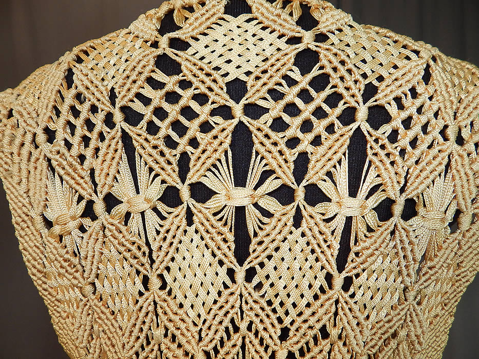 Vintage Yellow Boho Macrame Crochet Silk Ribbon Fringe Shawl Long Vest Jacket
The vest measures 27 inches long, with an additional 14 inch long fringe, a 30 inch waist and 30 inch bust. It is in excellent condition, with only a slight musty odor. This is truly a wonderful piece of wearable bohemian macram&eacute; textile art! 
