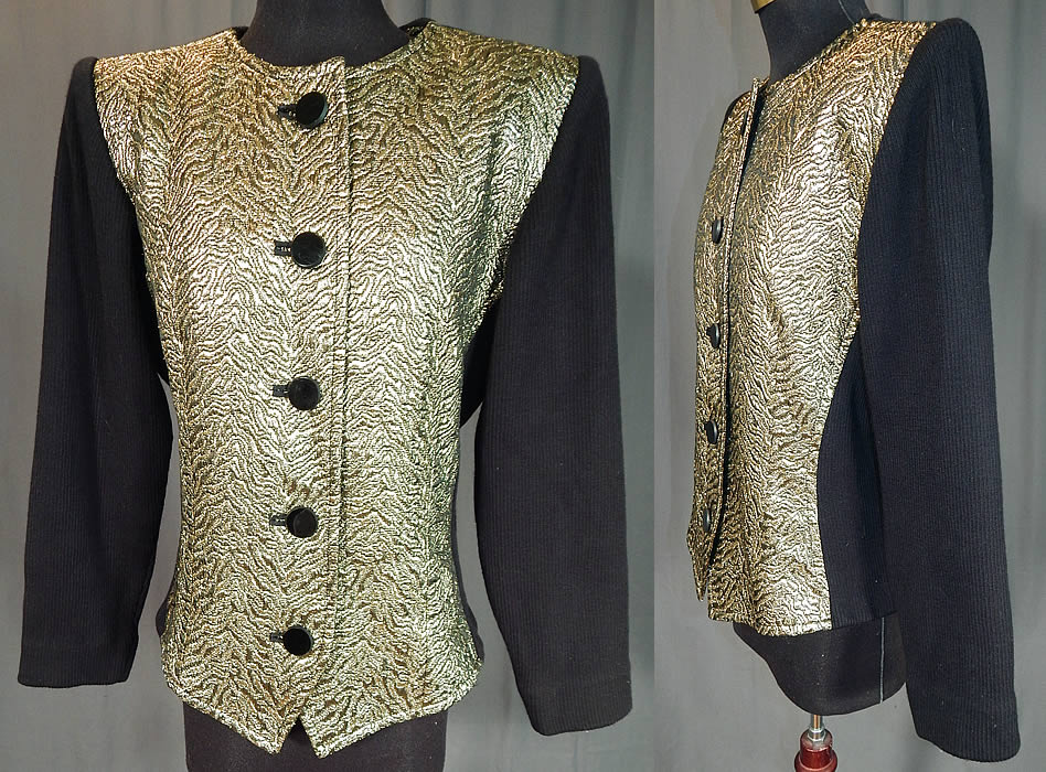 Vintage Saint Laurent Rive Gauche Gold Lam&eacute; Black Knit Suit Jacket
This vintage YSL Saint Laurent Rive Gauche gold lam&eacute; black knit suit jacket dates from the 1980s. It is made of a gold metallic lam&eacute; textured tiger patterned animal brocade fabric front and a black knit ribbed textured stretch fabric back and sleeves.