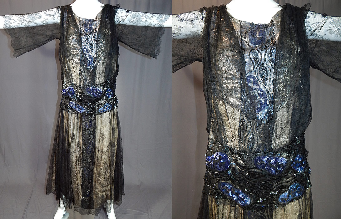Vintage Art Deco Silver Lamé Lame Black Chantilly Lace Sequin Beaded Gown
This amazing Art Deco vintage silver lamé black Chantilly lace sequin beaded gown dates from the 1920s.