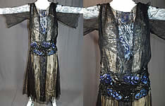 Vintage Art Deco Silver Lam&eacute; Lame Black Chantilly Lace Sequin Beaded Gown