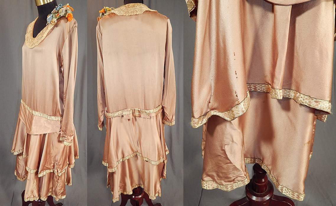 Vintage Ecru Beige Silk Lace Collar Spotted Velvet Flower Trim Drop Waist Dress
The dress measures 41 inches long, with a 40 inch waist, 36 inch bust and 22 inch long sleeves. 