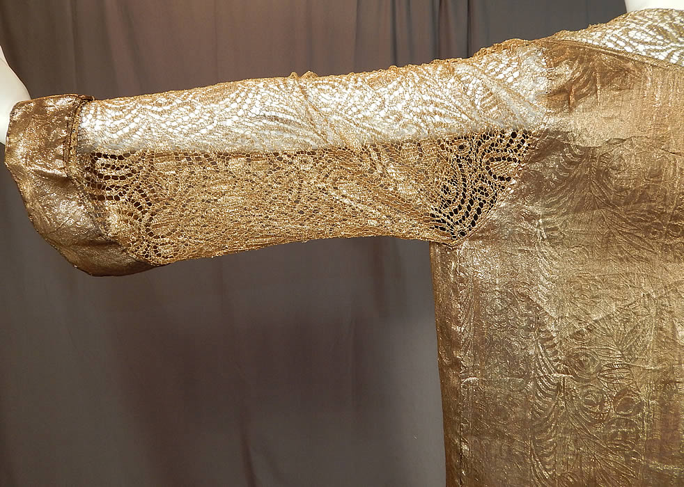 Vintage Art Deco Gold Lam&eacute; Lame Lace Belted Sash Scarf Shift Kaftan Flapper Dress
