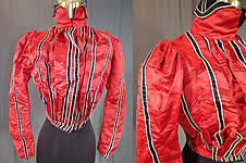 Victorian Red Silk Black & White Striped Pleated Bodice Blouse
