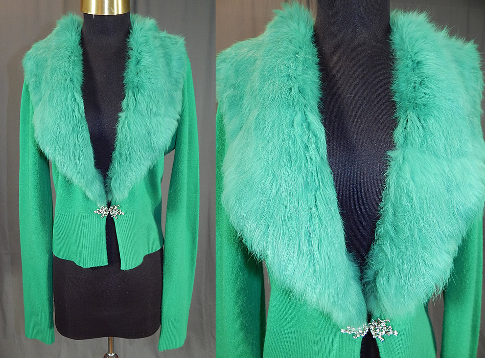 Vintage Kelly Green Knit Cardigan Sweater & Rabbit Fur Collar Trim
This vintage kelly green knit cardigan sweater and rabbit fur collar trim dates from the 1950s. It is made of a bright kelly green color soft lambswool knit fabric, with a green dyed to match fluffy rabbit fur collar trim sewn onto it.