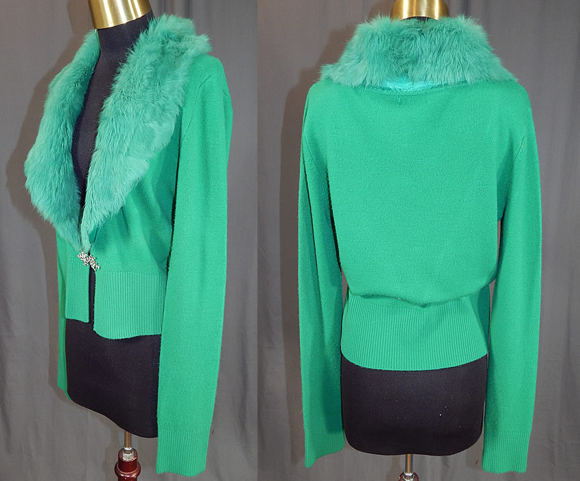 Vintage Kelly Green Knit Cardigan Sweater & Rabbit Fur Collar Trim
The sweater measures 20 inches long, with a 28 inch waist, 36 inch bust and 27 inch long sleeves. It is in good condition, with only some slight pilling on the knit fabric. This is truly a wonderful piece of wearable art!
