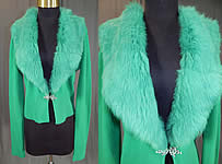 Vintage Kelly Green Knit Cardigan Sweater & Rabbit Fur Collar Trim
