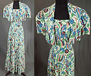 Vintage Colorful Cotton Floral Leaf Print Maxi Dress & Cropped Bolero Jacket

