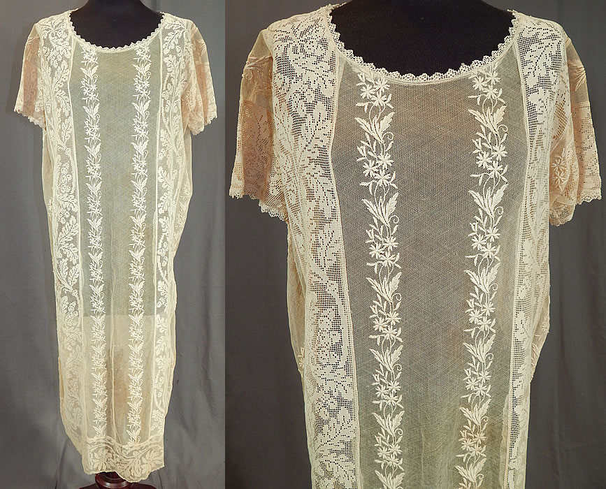 Vintage Embroidered Cream Net Filet Lace Drop Waist Chemise Shift Dress
This vintage embroidered cream net filet lace drop waist chemise shift dress dates from the 1920s. It is made of an off white cream color sheer tulle net fabric, with raised padded satin stitch embroidery work done in a floral vine leaf design and filet lace trim with an oak leaf acorn pattern.