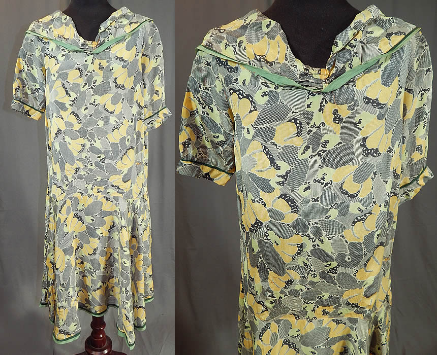 Vintage Black & White Yellow Daisy Print Silk Sailor Collar Drop Waist Dress
This vintage black and white yellow daisy print silk sailor collar drop waist dress dates from the 1920s. It is made of a black and white, yellow daisy flower graphic print silk fabric, with green silk trim edging.