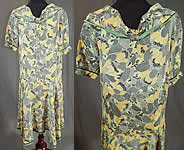Vintage Black & White Yellow Daisy Print Silk Sailor Collar Drop Waist Dress
