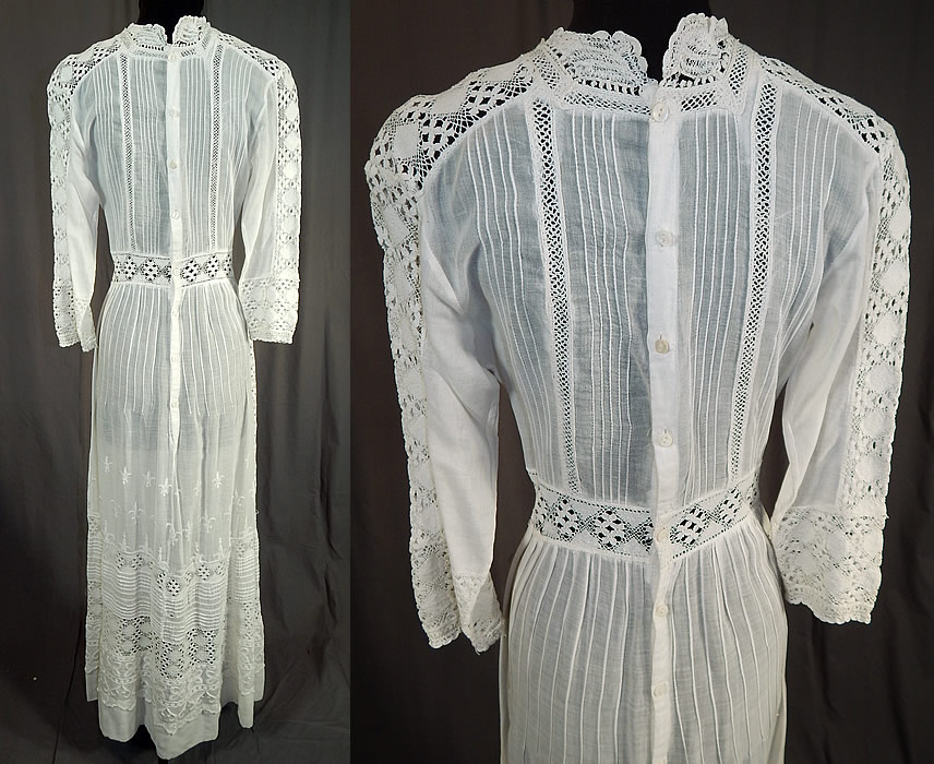 Edwardian White Cotton Batiste Fleur-de-lis Embroidered Lace Lawn Dress Tea Gown
The dress measures 54 inches long, with 38 inch hips, a 22 inch waist and 32 inch bust. 