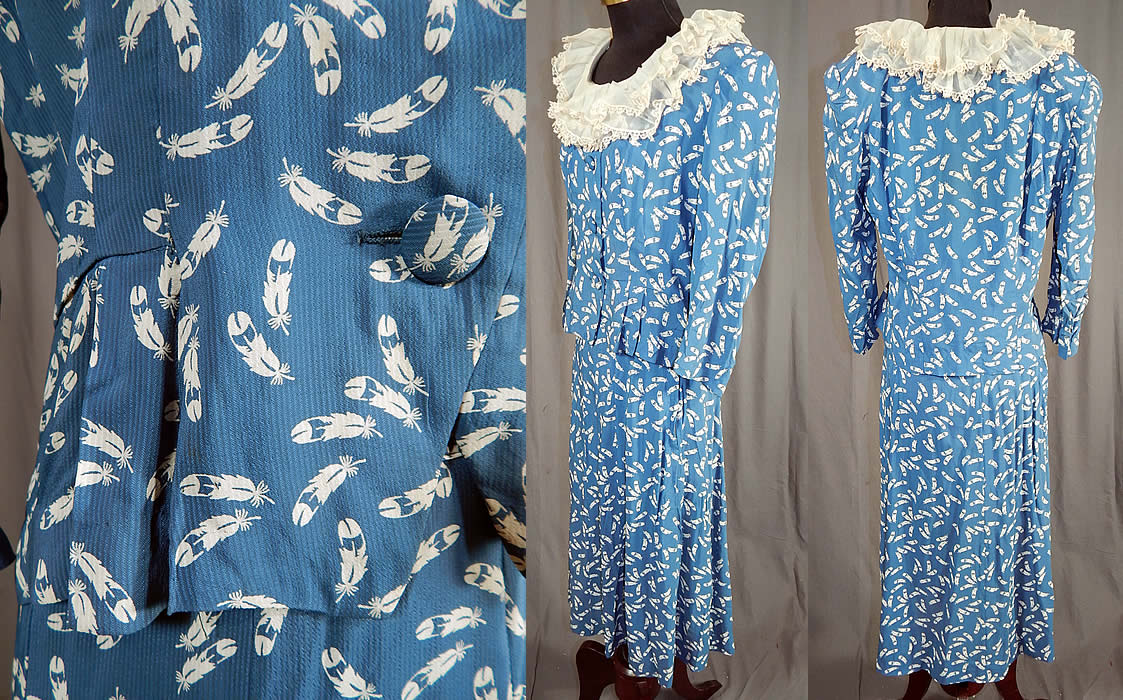 Vintage Blue & White Feather Novelty Print Rayon Dress Suit Peplum Jacket Skirt
This fabulous feather novelty print two piece suit dress outfit has a fitted peplum skirted waist jacket, with a large white organdy lace trim layered ruffle flounce collar, broad shoulder padding, long sleeves, fabric covered button closures down the front and is unlined.