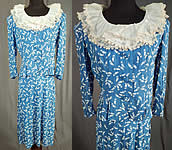 Vintage Blue & White Feather Novelty Print Rayon Dress Suit Peplum Jacket Skirt