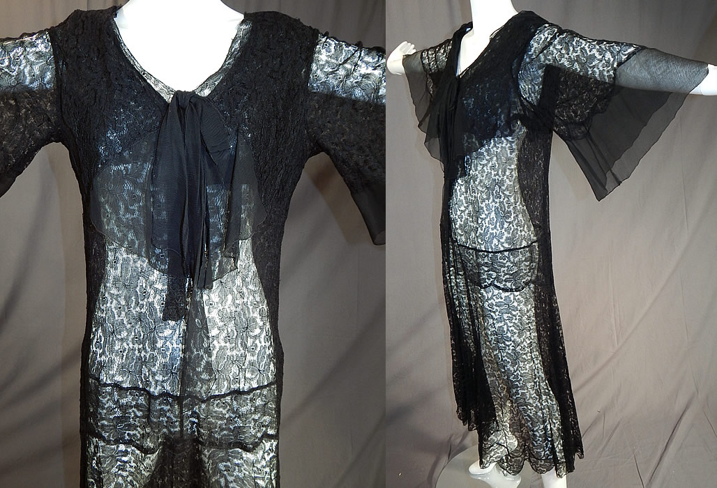 Vintage Sheer Black Silk Chiffon & Lace Drop Waist Kimono Sleeve Flapper Dress
This vintage Art Deco sheer black silk chiffon and lace drop waist kimono sleeve flapper dress dates from the 1920s.