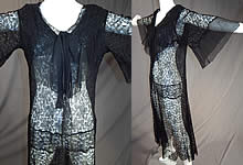 Vintage Sheer Black Silk Chiffon & Lace Drop Waist Kimono Sleeve Flapper Dress
