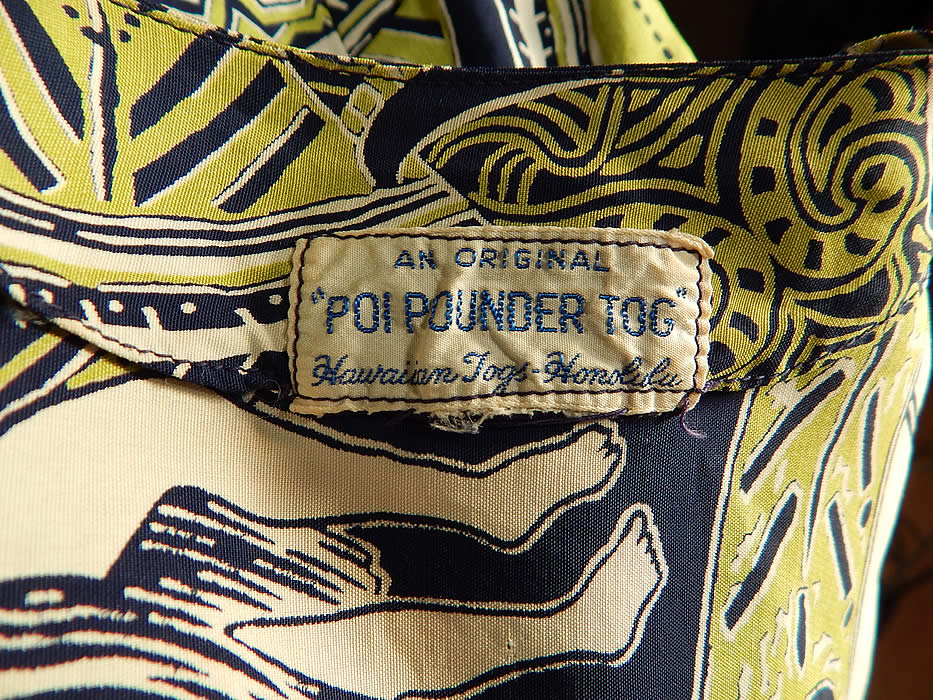 Vintage Poi Pounder Tog Hawaiian Hula Print Rayon Sarong Dress Shrug Jacket
There is "An Original Poi Pounder Tog Hawaiian Togs-Honolulu" label sewn inside. It is in good condition, with only two small faint stains on the front top of the dress which are barely noticeable (see close-up). This is truly a rare and exceptional piece of collectible Hawaiiana vintage textile art!