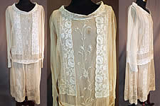 Vintage Cream Net Embroidered French Knot Filet Lace Pink Silk Slip Drop Waist Dress
