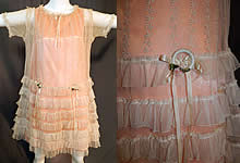 Vintage Embroidered Cream Net Lace Silk Ribbon Rosette Trim Peach Slip Dress
