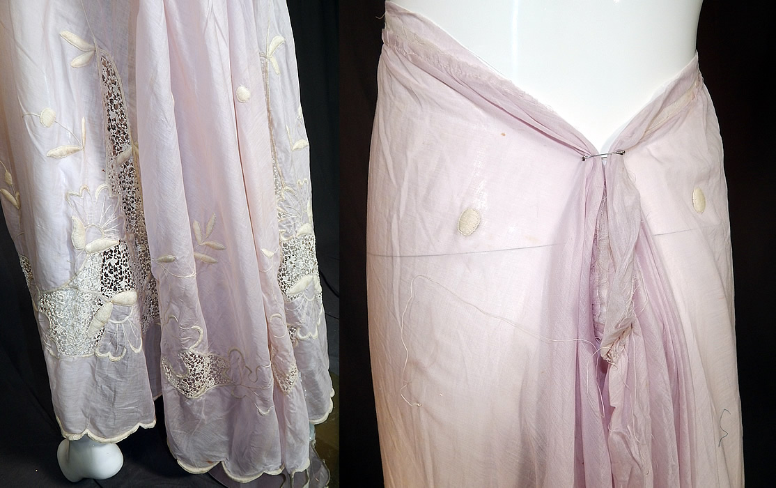 Edwardian Lavender Batiste White Embroidered Lace Trim Skirt Fabric
This lovely lavender lace skirt fabric is a floor length, with a long full skirt, scalloped bottom hemline, no waistband or closure and is sheer, unlined. The skirt measures 44 inches long with a 34 inch waist.