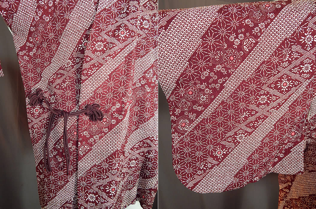 Vintage Japanese Silk Shibori Tie Dye Red Floral Haori Kimono Robe Jacket
It is made of a dark red burgundy color and white silk shibori tie dye textured fabric done in an abstract geometric floral pattern design.
