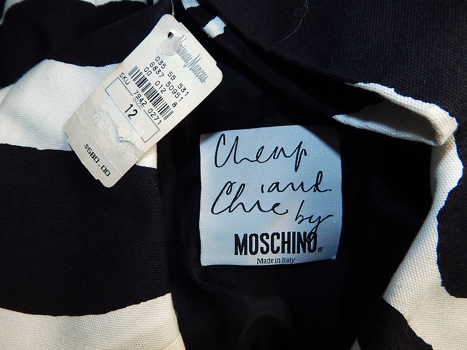 Vintage Cheap and Chic Moschino Black & White Zebra Stripe Blazer Suit Jacket Skirt NWT
There is a "Cheap and Chic by Moschino Made in Italy." designer label and size 12 tag sewn inside. 
