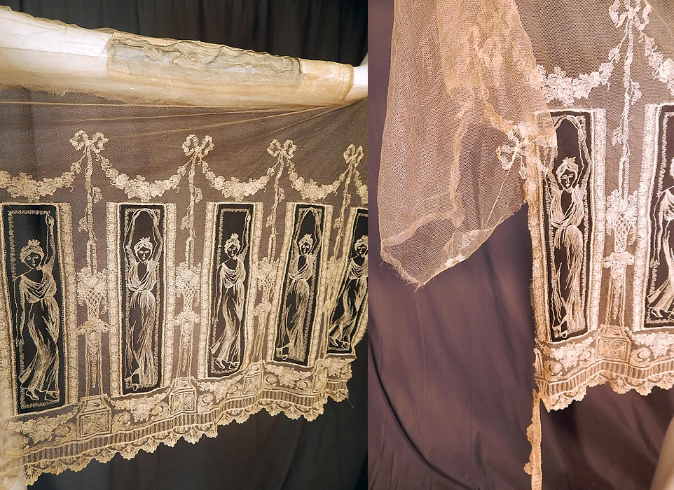 Vintage Grecian Goddess Figural Embroidered Net Lace Dress Skirt Fabric
There are 12 Grecian Goddess figures on the panel, each measure 9 1/2 inches long and 2 inches wide. The fabric skirt panel measures 62 inches wide and 25 inches long. The sleeves each measure 22 inches long and have an 8 inch arm circumference.