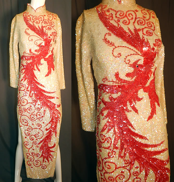 Vintage Chinese Cheongsam Dress Hand Beaded Sequin White & Red Phoenix Bird
This vintage Chinese cheongsam dress hand beaded sequin white and red phoenix bird dates from the 1960s. It is made of a completely covered hand beaded iridescent white sequin fabric, with a red sequin glass beaded outlined flying phoenix bird and swirled spiral flame designs down the front.