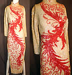 Vintage Chinese Cheongsam Dress Hand Beaded Sequin White & Red Phoenix Bird
