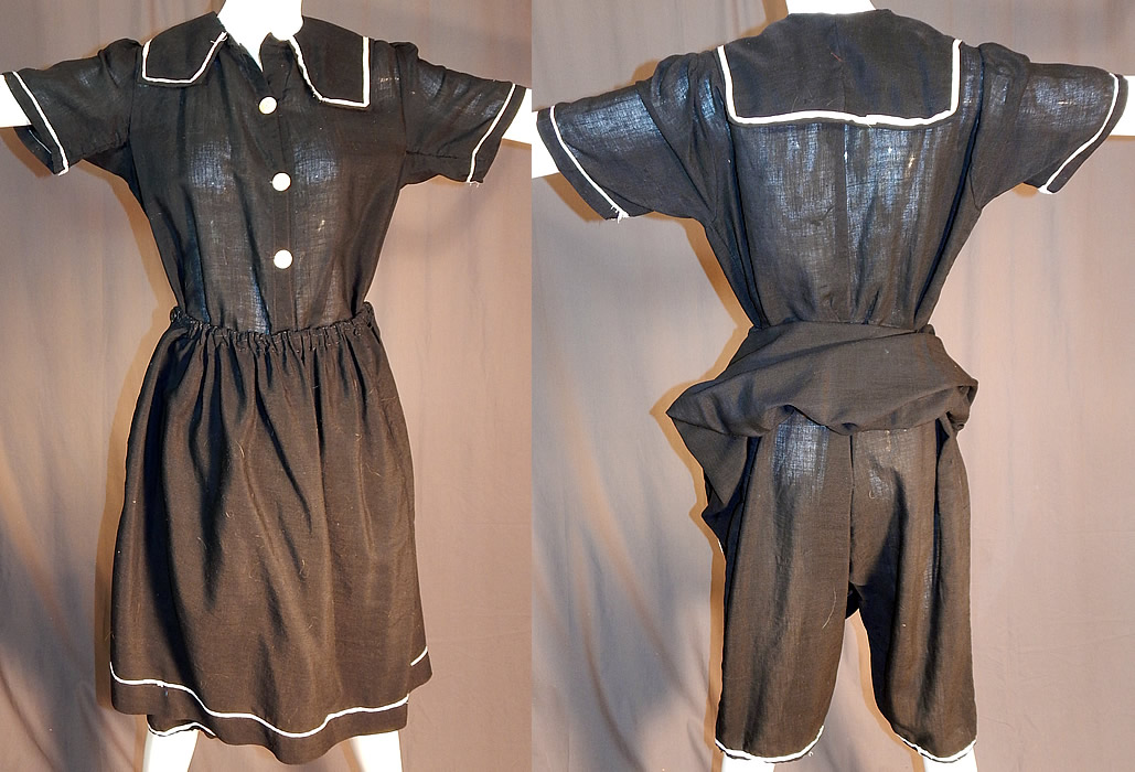 Edwardian Black Wool Bathing Beauty Sailor Suit Swimsuit Dress & Bloomers
This vintage Edwardian era black wool bathing beauty sailor suit swimsuit dress and bloomers dates from 1910. It is made of a black fine wool woven fabric, with white stripe trim edging.