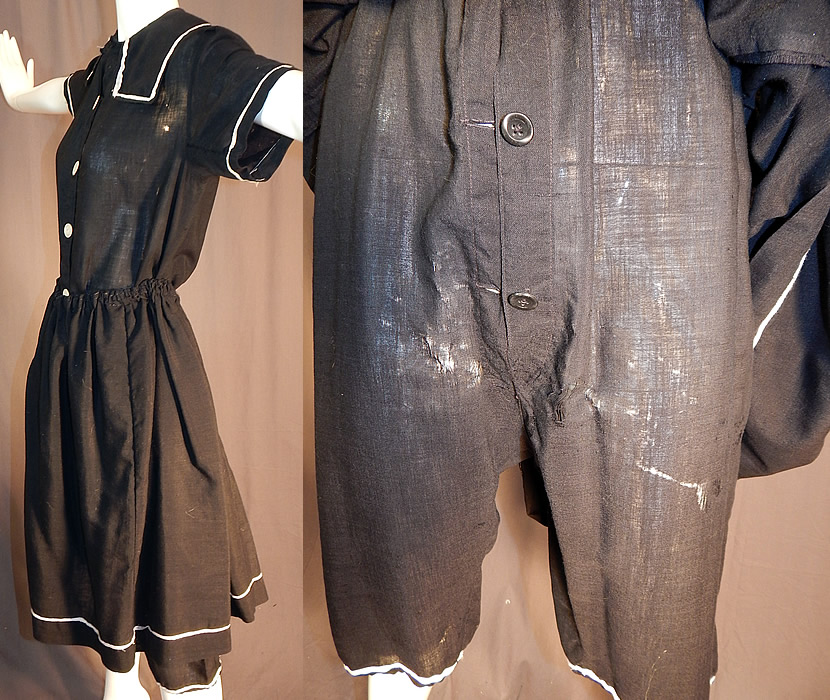 Edwardian Black Wool Bathing Beauty Sailor Suit Swimsuit Dress & Bloomers
Attached around the waist with buttons is a matching fabric over skirt with elastic waistband and it measures 24 inches long, with a 30 inch waist. The bathing suit is in good as-is condition, with frayed holes on the front pants which is covered by the skirt (see close-up). This antique authentic "bathing beauty" costume is truly a rare and wonderful piece of wearable art!