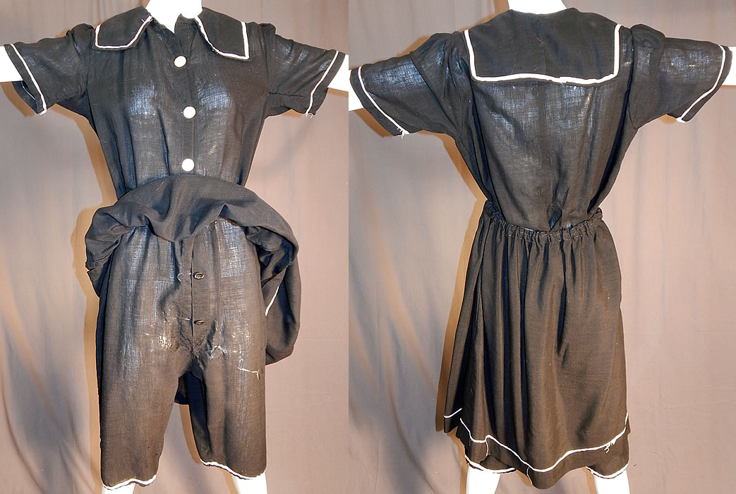 Edwardian Black Wool Bathing Beauty Sailor Suit Swimsuit Dress & Bloomers
The swimsuit measures 50 inches long, with a 13 inch inseam, 40 inch waist and 38 inch bust. 