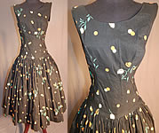 Vintage Black Cotton Polka Dot Tulip Novelty Print Fit Flare Circle Skirt Dress
