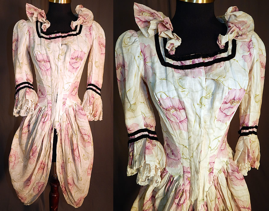 Victorian Lilac Pink Poppy Print Cotton Muslin Cutaway Swagged Polonaise Bodice
This antique Victorian era lilac pink poppy print cotton muslin cutaway swagged polonaise bodice dates from the 1870s. It is made of an off white sheer fine cotton muslin fabric with a ethereal lilac pink poppy flower leaf print design and black velvet ribbon trim edging.