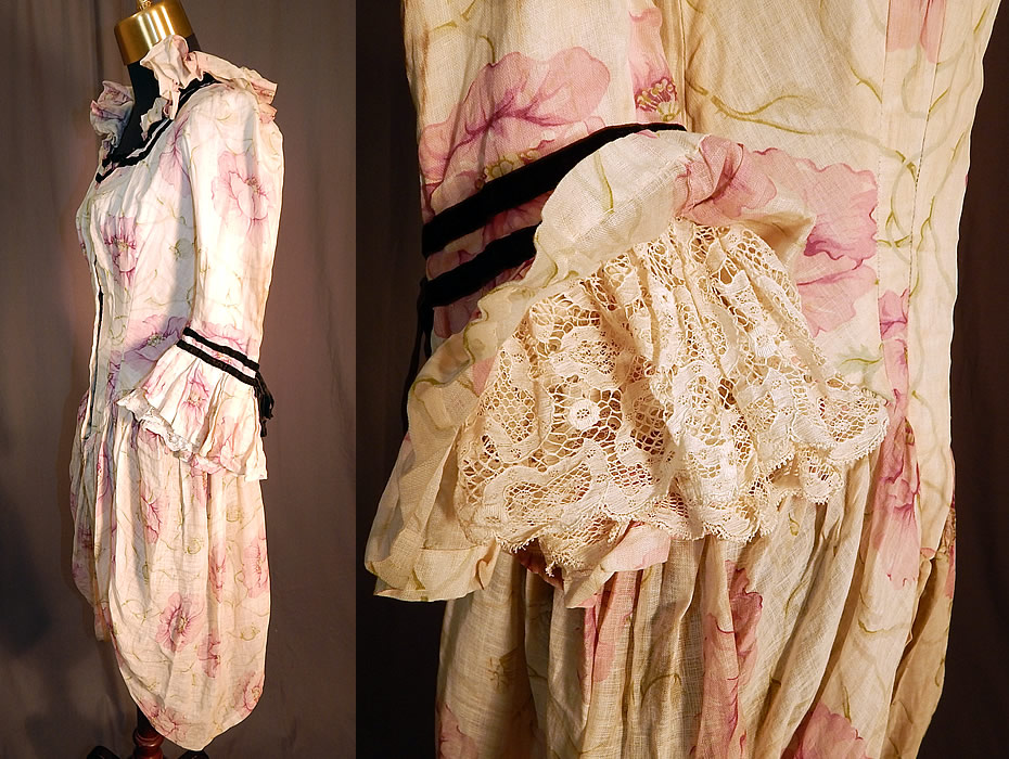 Victorian Lilac Pink Poppy Print Cotton Muslin Cutaway Swagged Polonaise Bodice
This pretty poppy polonaise style overdress bodice has a cutaway side swagged pannier drape overskirt along the hips, a squared neckline with ruffle flounce collar, gathered shoulders with 3/4 length sleeves, flared lace cuffs, a fitted waist coming to a point at the bottom, hook closures down the front and stays boning sewn inside.